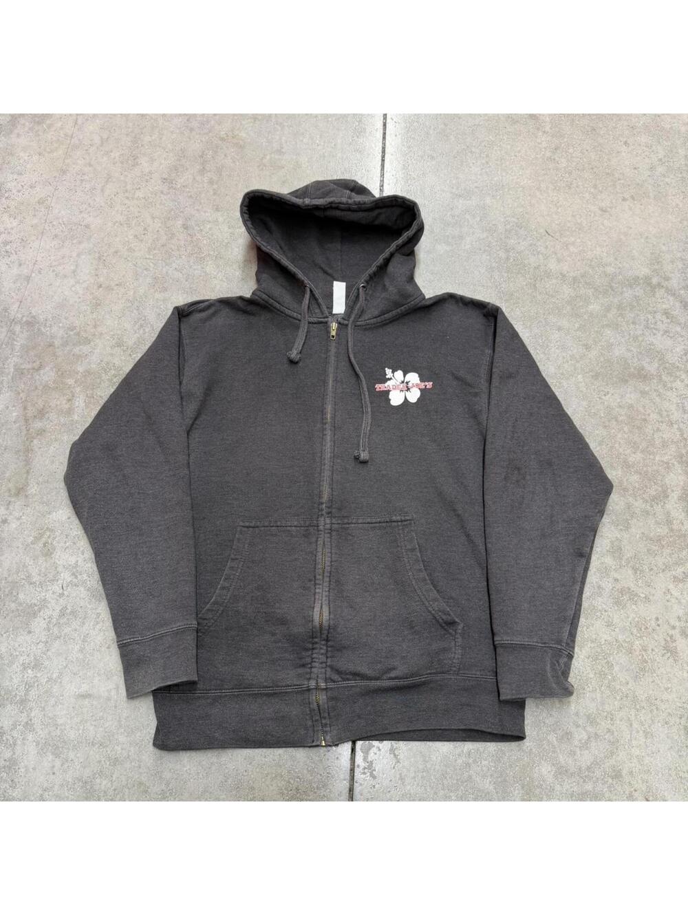 trader joes dark grey supermarket food zip up hoodie medium HAS FLAW ON LOGO